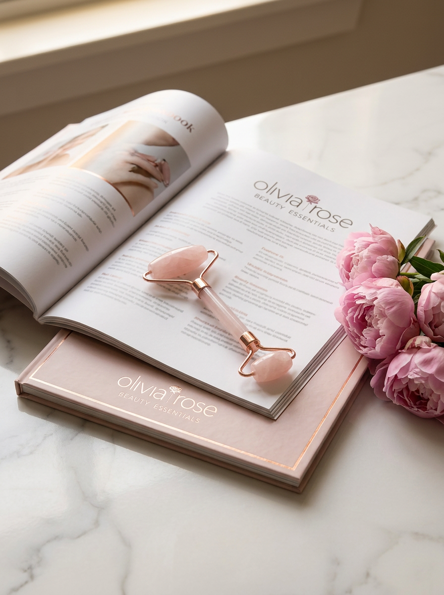 Stacked Olivia Rose lookbooks on marble with peonies